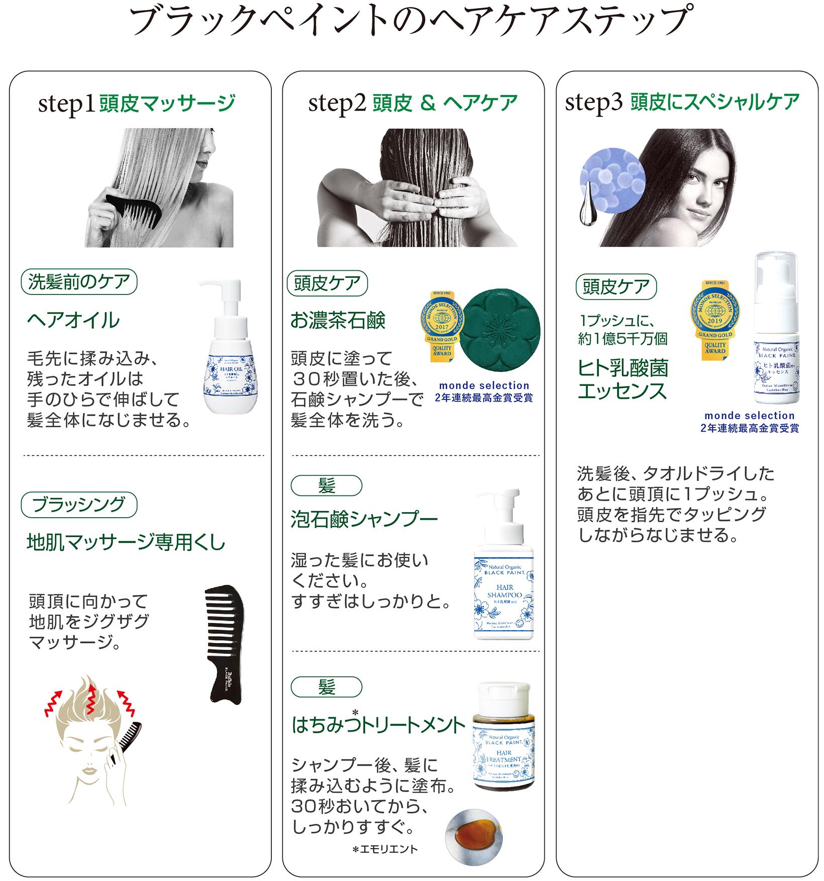 ブラックペイントのヘアケアステップ